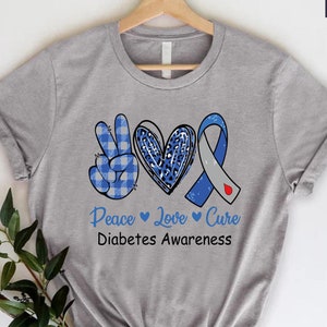 Diabetes Love Peace Cure Shirt, Diabetic Gift, Diabetes Warrior Tee, Blue Ribbon Shirt, T1D T2D Tshirt, Diabetes Fighter Gift Shirt