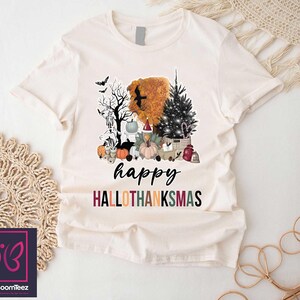 Happy Hallothanksmas T-Shirt, Vintage Fall Season Shirt, Halloween Thanksgiving Christmas Shirt, Holiday Season Gift Shirt For Women