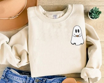 Embroidery Halloween Sweatshirt, Embroidered Ghost Sweater, Tea Lover Ghost Sweater, Halloween Embroidered Crewneck, Halloween Spooky Gift