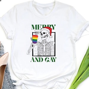 Merry and Gay Shirt, LGBTQ Christmas Shirt, Rainbow Pride Santa Skeleton Shirt, Gay Christmas Gift, Queer Holiday Shirt, Gay Santa Shirt