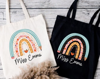 Personalized Rainbow Teacher Tote Bag, Custom Teacher Gift, Teacher School Bag, Teacher Appreciation Gift, Teachers Day Thank You Gift Tote