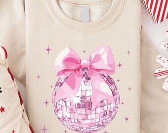 Christmas Coquette Sweatshirt, Womens Christmas Sweatshirt, Coquette Bow Shirt, Pink Christmas Shirt, Disco Ball Xmas Shirt, Christmas Gift