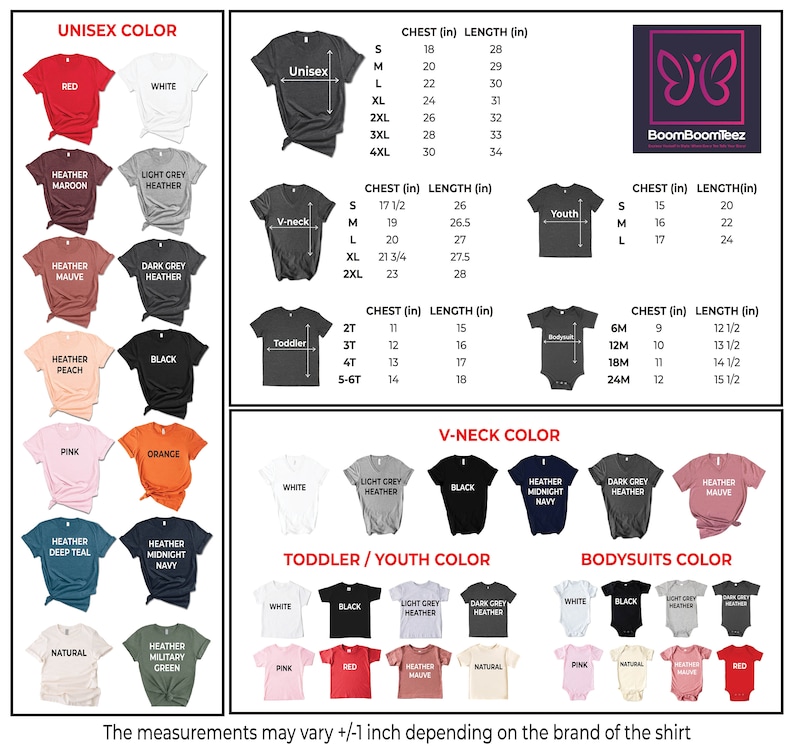 May include: A chart showing different colour options for unisex t-shirts, v-neck t-shirts, toddler/youth t-shirts, and bodysuits. The chart also includes size charts for each type of shirt, with measurements in inches. The chart is titled "Unisex Colour", "V-Neck Colour", "Toddler/Youth Colour", and "Bodysuits Colour". The chart is from BoomBoomTeez.