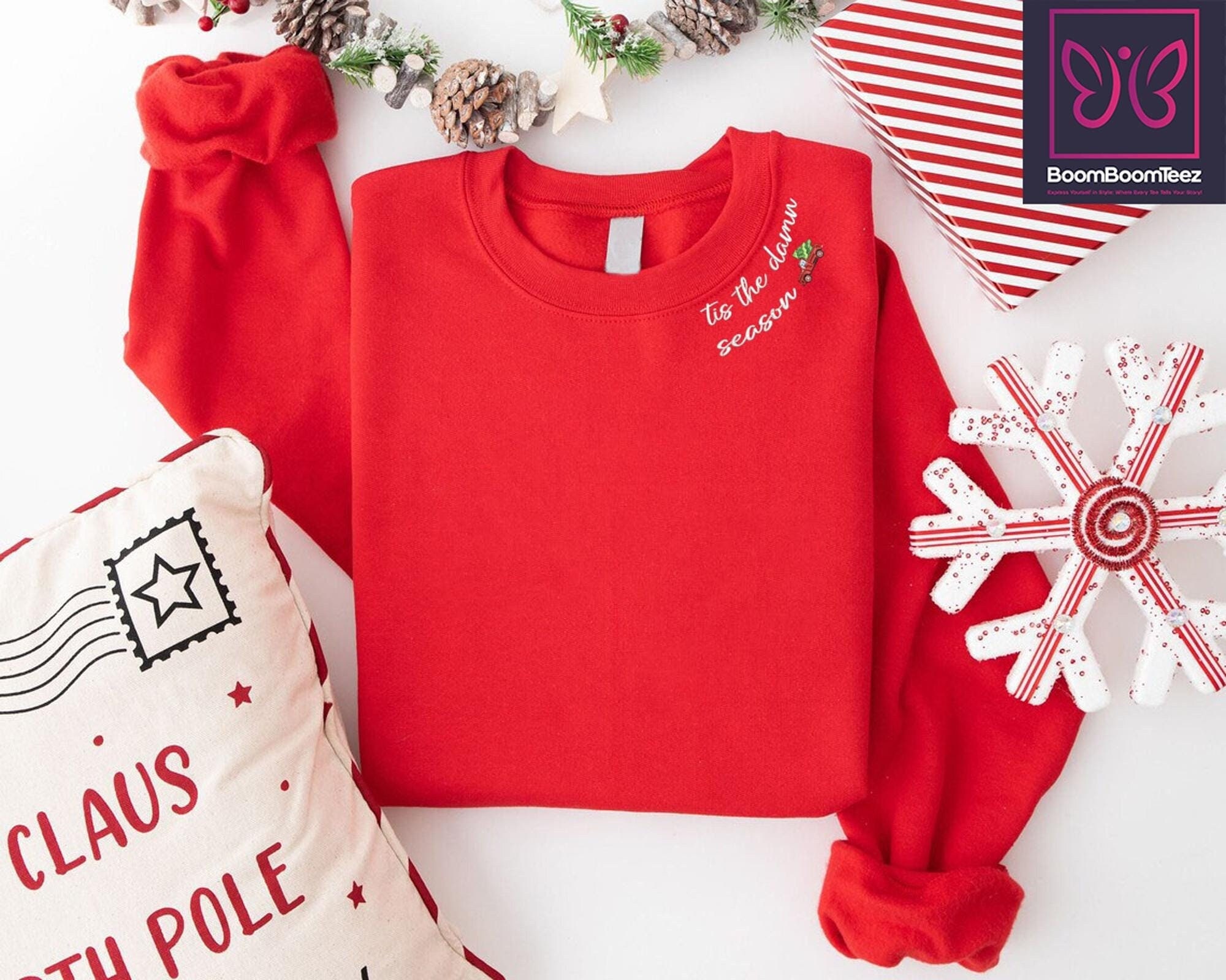 Tis The Damn Season Embroidered Sweatshirt, Farm Fresh Tree Embroidery Sweater, Christmas Tree Truck Sweatshirt,Christmas Crewneck,Xmas Gift