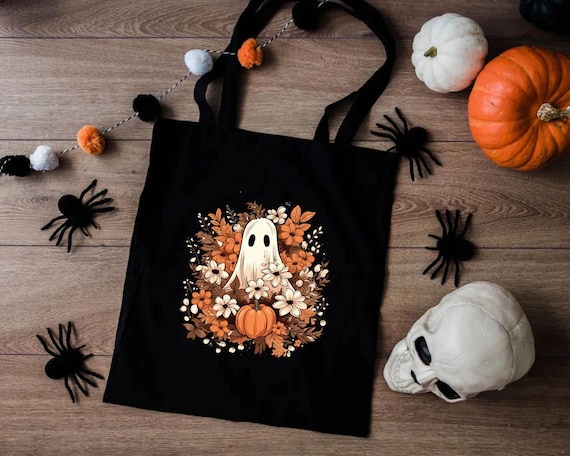Vintage Floral Ghost Tote Bag, Bohemian Ghost Bag, Spooky Season Gift Bag, Girls Candy Bag, Trick or Treat Bag, Boo Season Shoulder Bag