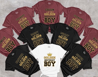 Golden Birthday Boy Party T-Shirt, Matching Birthday Family Shirts, Golden Theme Birthday Party Outfit, Gift For Golden Birthday Boy