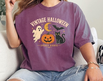 T-shirt vintage d'Halloween Comfort Colors® avec citrouille, fantôme et chat