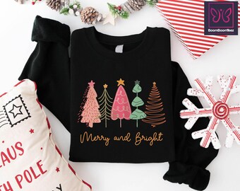 Retro Christmas Tree Sweatshirt, Merry and Bright Holiday Apparel