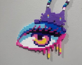 trippy eyeball with kitten perler necklace