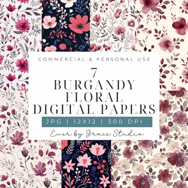Burgundy Floral Digital Paper, Instant Download, Watercolor Scrapbook Paper, Watercolor Floral Background, Commercial Use, 7 Floral Patterns