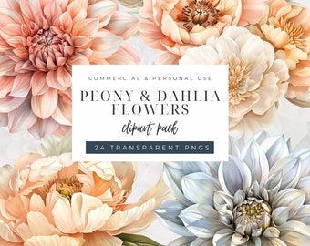 May include: A digital clipart pack of 24 transparent PNG images featuring watercolor-style illustrations of peonies and dahlias in shades of peach, cream, and blue. The text "PEONY & DAHLIA FLOWERS clipart pack 24 TRANSPARENT PNGS" is displayed on a white background.