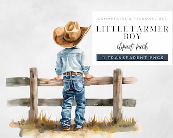 May include: A watercolor illustration of a young boy wearing a brown cowboy hat and blue jeans standing by a wooden fence. The boy is looking off to the side. The image is titled "Little Farmer Boy clipart pack 1 transparent PNGs".