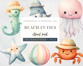 Cute Beach Clipart, Cute Beach Animals Clipart PNG, Watercolor Beach Animals Clipart, Nursery Decor, Baby Wall Art, Baby Shower, C002