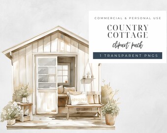 Clipart cottage di campagna, clipart cottage carino, clipart acquerello cottagecore, clipart cottage bianco neutro, singolo PNG di alta qualità, C003
