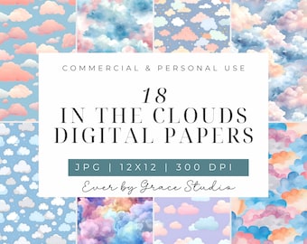 Cloudy Skies Digital Paper, Instant Download, Watercolor Scrapbook Paper, Pastel Watercolor Background, Commercial Use, 18 Cloud Patterns