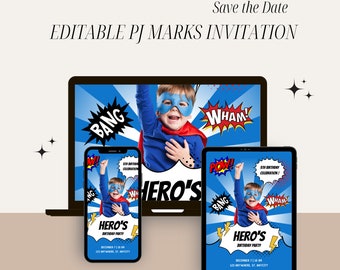 PJ Masks, birthday Party, invitation, editable, instant digital download, template, customize, celebrate, heroes, kids Party, printable.