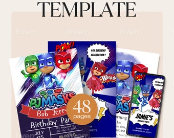 Invitación editable a la fiesta de cumpleaños de PJ Masks, invitación editable de PJ Masks Plantilla de descarga digital instantánea, invitación de PJ Masks, Héroes