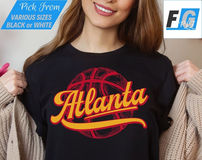 Cadeau pour amateur de basket-ball d'Atlanta - T-shirt de fan à col rond pour adultes et enfants en police Sports vintage, style rétro minimaliste aux couleurs de l'équipe