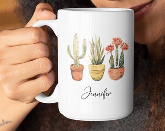 Custom Name Cactus Mug 15oz | Large Ceramic Customizable Coffee Mug with Cacti | Cactus Lover Personalized Mug | Cute Custom Cactus Mug