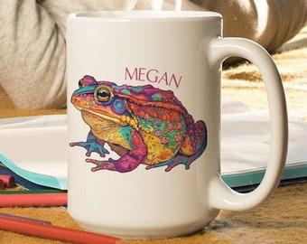 Custom Name Rainbow Toad Mug 15oz | Customizable Magic Toad Coffee Mug Gift | Custom Text Colorful Frog Coffee Mug | Large Ceramic Toad Mug