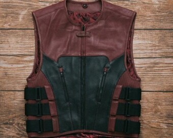 Leather Vest Hunt Club Diamond Quilted Black & Red Paisley Leather Build Denim Style Custom Motorcycle Rider Leather Vest Mens Vest