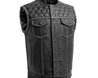 Leather Vest , Mens Hunt Club Honey Grill Quilted White Paisley Leather Build Denim Style Rider Motorcycle Leather Vest, Mens Vest - Gift