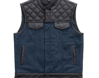 Mens Hunt Club Custom Leather Denim Builder Diamond Quilted Motorcycle Biker Vest Gifts For Him Gifts For Her