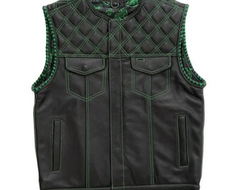 Leather Vest ,Men Hunt Club Leather Vest Green Diamond Quilted Black Paisley Leather Builder Denim Style Rider Motorcycle Leather Bike Vest