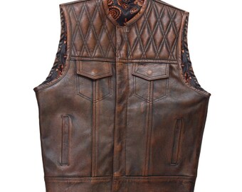 Mens leather vest with brown wax leather biker vest. Motorcycle leather vest Brown Quilted biker vest, Vintage leather premium class