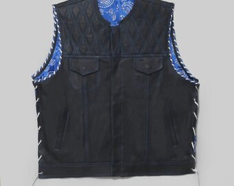 Hand Made Electric Blue Paisley Diamond Quilted Leather Side Lases Biker Rider Motorcycle Vest Men MC