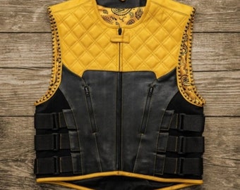 Leather Vest Hunt Club Diamond Quilted Black & Yellow Paisley Leather Build Denim Style Custom Motorcycle Rider Leather Vest Mens Vest