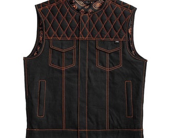 Denim Biker Vest, Hunt Club Leather Builder Diamond Quilted Custom Biker Vest, Paisley Vest