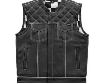 Style Diamond stitched Braided Black Checker Men's Club Motorcycle Concealed Carry Leather Biker Vest, Gift, Biker Gifts for him