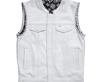 MC Leather Hunt Club White Paisley Bandana Custom Bishop Vest Biker Motorcycle,leather Men Vest