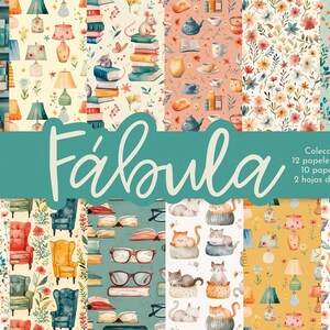 May include: A digital paper pack with a whimsical theme featuring illustrations of books, teacups, lamps, cats, and floral patterns. The pack includes 12 patterned papers, 10 basic papers, and 2 sheets of cutouts. The text "Fábula" is displayed in a teal banner.
