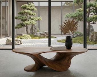 Solid Wood Coffee Table, Hand-Carved Sculptural Organic Freeform Table