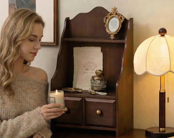 Handmade Solid Wood Vintage Desktop Shelf, Retro Desk Organizer with Drawers, Vanity Storage Cabinet