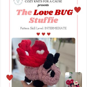 May include: A crochet pattern for a stuffed Love Bug, featuring a red and white mushroom-shaped top and a pink body with black accents. The pattern skill level is intermediate. The image includes the text "The Love Bug Stuffie".