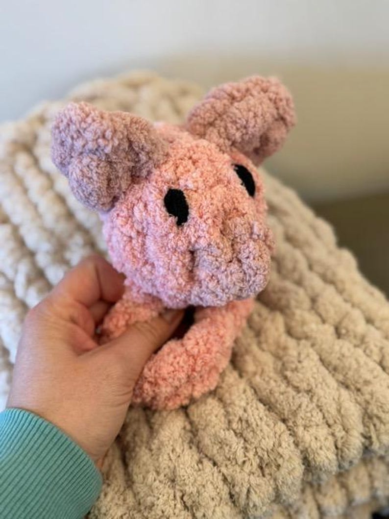 May include: A pink crocheted stuffed animal shaped like a pig with black eyes. The pig is being held by a hand.
