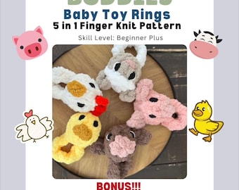 Little Barn Buddies: Baby Toy Rings 5 in 1 PDF Pattern with Pictures/Finger Knit Baby Toys/Chunky Knit Farm Animals/5 in 1 Knitting Pattern