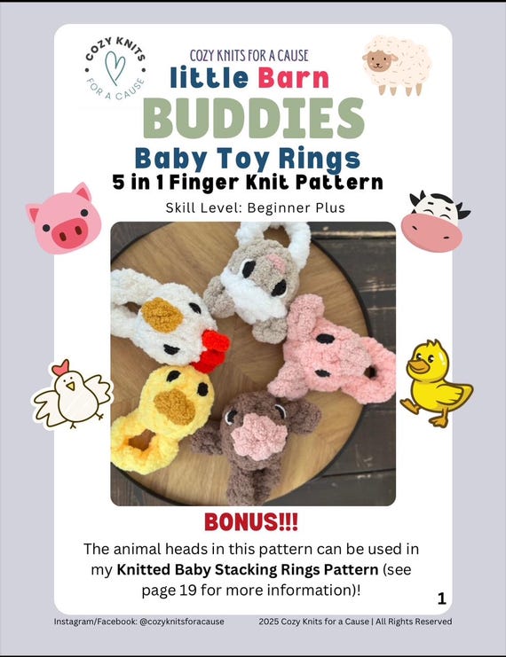 Little Barn Buddies: Baby Toy Rings 5 in 1 PDF Pattern with Pictures/Finger Knit Baby Toys/Chunky Knit Farm Animals/5 in 1 Knitting Pattern