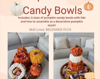 Pila de calabazas de punto grueso // Tazones de dulces con tapas Patrón PDF con imágenes / Decoración de otoño tejida a mano / Pila de calabazas de punto grueso / Calabaza tejida a mano