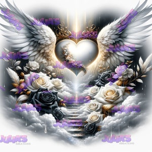 May include: A white heart with golden wings and a floral design, surrounded by white and black roses, sits atop a stairway leading to a bright light. The image is set against a cloudy background.