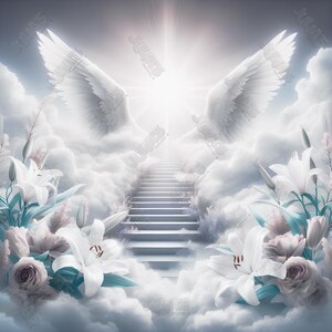 Puede incluir: Un par de alas de ángel blancas con una escalera que conduce a una luz brillante en un cielo nublado. Lirios blancos y rosas rosadas se encuentran a ambos lados de la escalera.