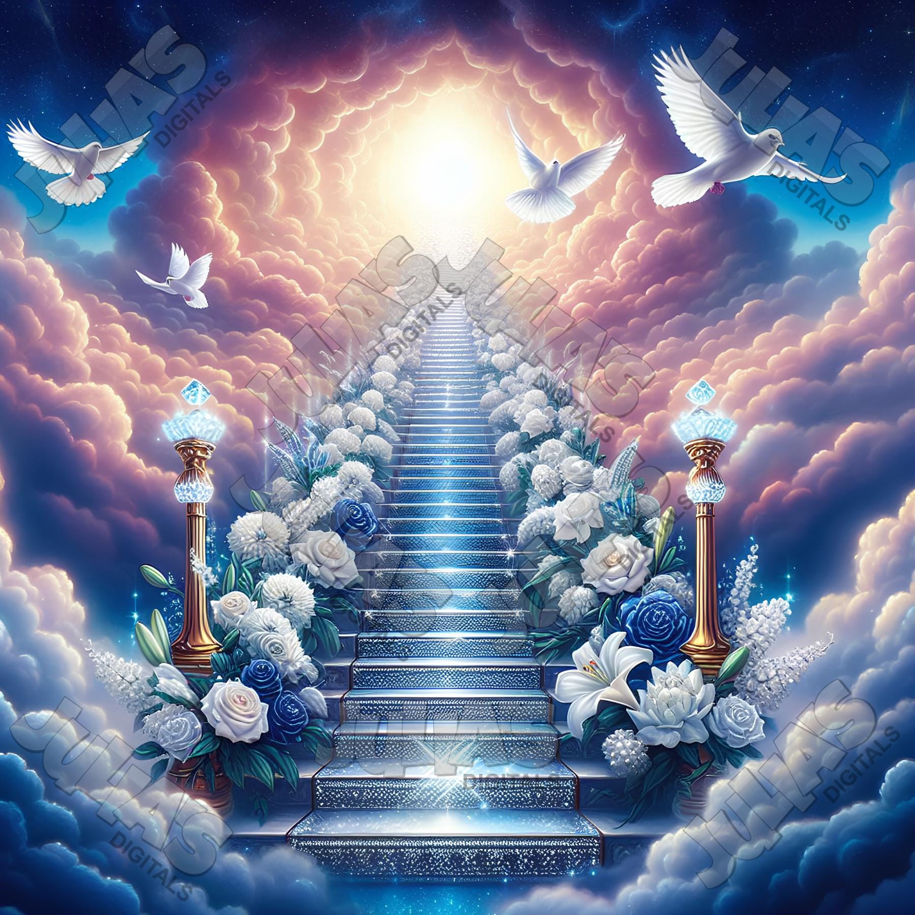 Memorial, Background, Blue, Pink, Roses, Doves, Heaven, Wings, Golden ...