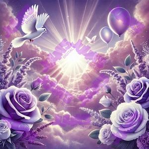 May include: A digital art piece featuring a heavenly scene with a bright sunburst, fluffy clouds, and purple hues. White doves soar above, with purple roses and lavender in the foreground. Two balloons float in the sky, adding a whimsical touch.