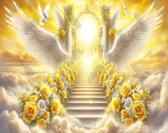 Monument PNG, Gelb, Hintergrund, Lilien, Rosen, Tauben, Himmel, Flügel, Goldenes Tor, Torbogen, Himmlische Treppe, Wolken, Gelassen, Ätherisch