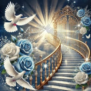 May include: A golden gate with a stairway leading up to it. The gate is adorned with intricate details and is surrounded by white and blue roses. Two white doves are flying in the sky above the gate.