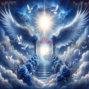 May include: A pair of white angel wings with a golden gate and stairway leading up to a bright light in a blue sky with white clouds and blue roses.