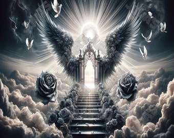 Memorial, Black, Gray, White PNG, In Loving Memory, Doves, Heaven, Rest in Peace, Digital, Roses, Wings,Angel, Gates, Background, Quality